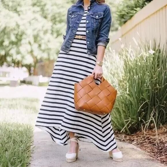 J. Crew Britton Stripe Nautical Sleeveless Fall Chic Maxi Dress White Navy SP - Picture 11 of 11